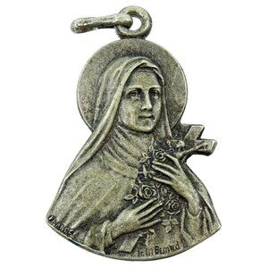 Vintage Saint St Therese Medal Figural Pendant French Quote France Bernard